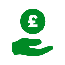 A green hand holding up a green circle with a white GBP symbol