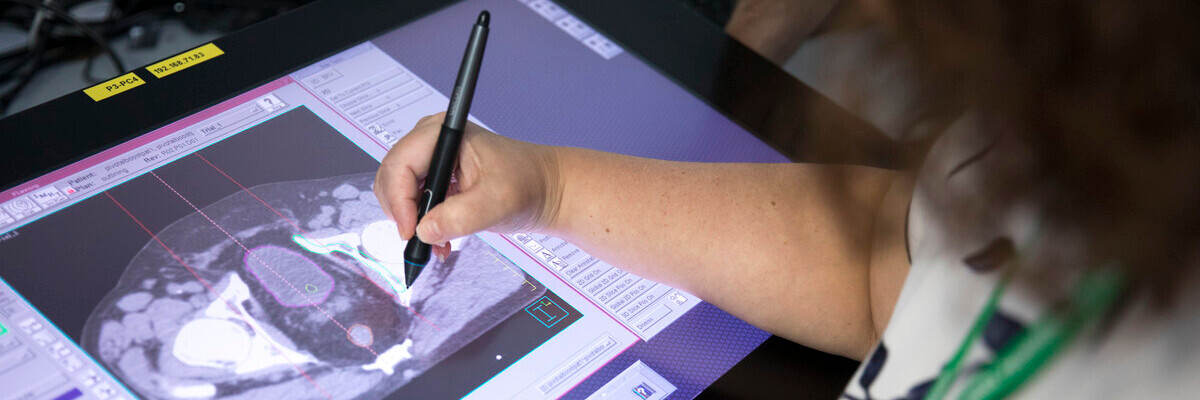 A close-up of a scan seen on a tablet. A person is using a tablet pen to review the scan.