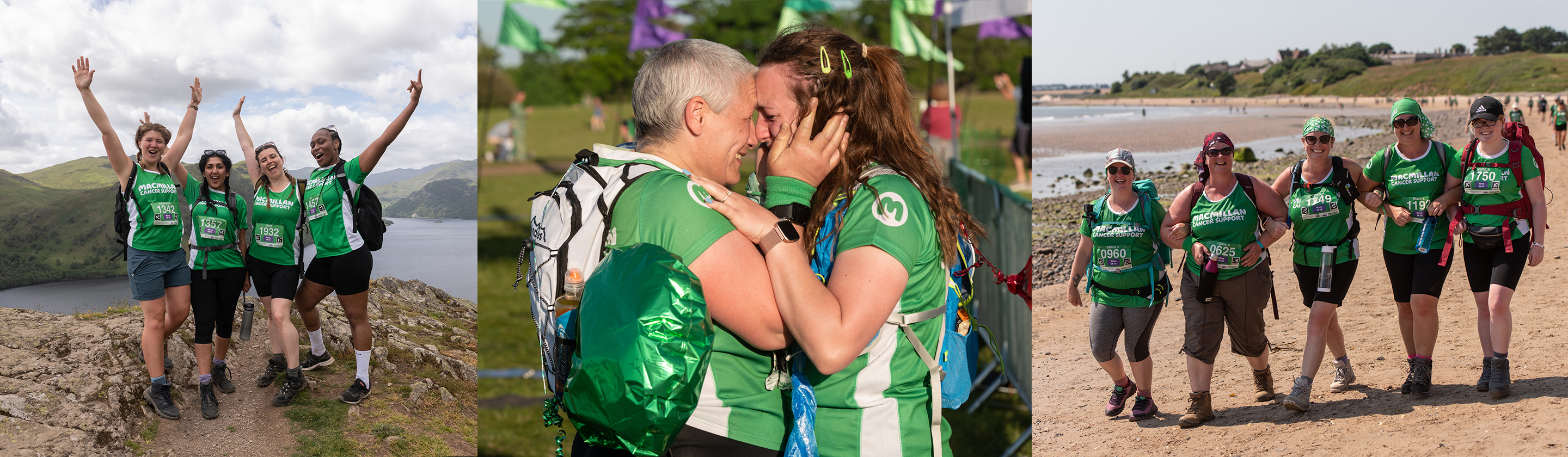Groups of walkers celebrating as they complete a marathon Mighty Hike for Macmillan
