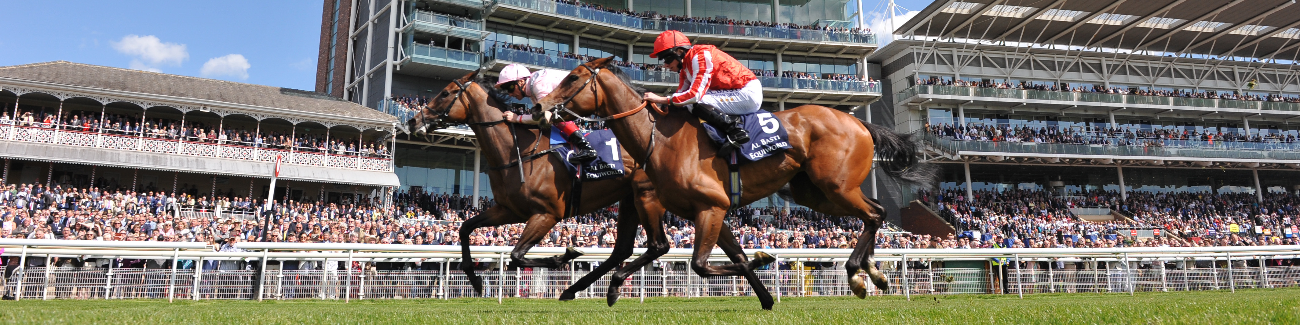 2 jockeys on racehorses with a crowd of spectators