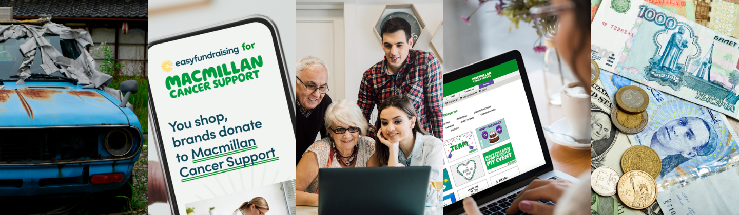 Collage of blue car, screenshot of easyfunding page on phone, family looking at laptop, Macmillan webpage on laptop and money in different currencies.