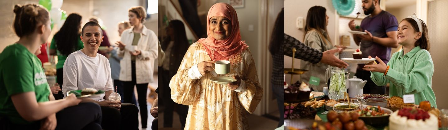 People eating cake and chatting at a Macmillan coffee morning
