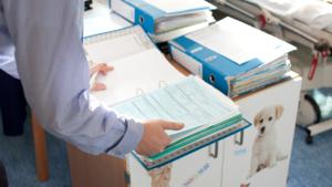 A male health professional looking through some medical files