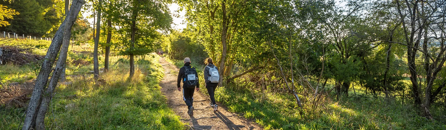 Two people are walking up a path on a hill. There are trees and other greenery around them. The people are wearing long trousers, long tops, and backpacks that have event numbers on them.  