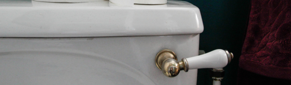 View of a toilet that shows the toilet handle and top of the toilet. On top is two rolls of toilet paper, one has been used. The wall behind is a dark blue.