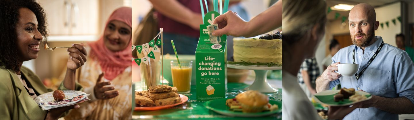 A group of people eating cake and chatting at a Macmillan coffee morning