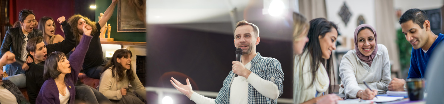 Collage of people taking part in a quiz including contestants and quiz master