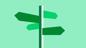A dark green signpost with four different arrows on a light green background.