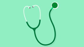 A dark green stethoscope on a light green background.