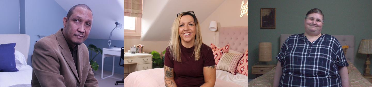 A montage of three photographs. They are all portrait images of people sitting on a bed and looking at the camera.