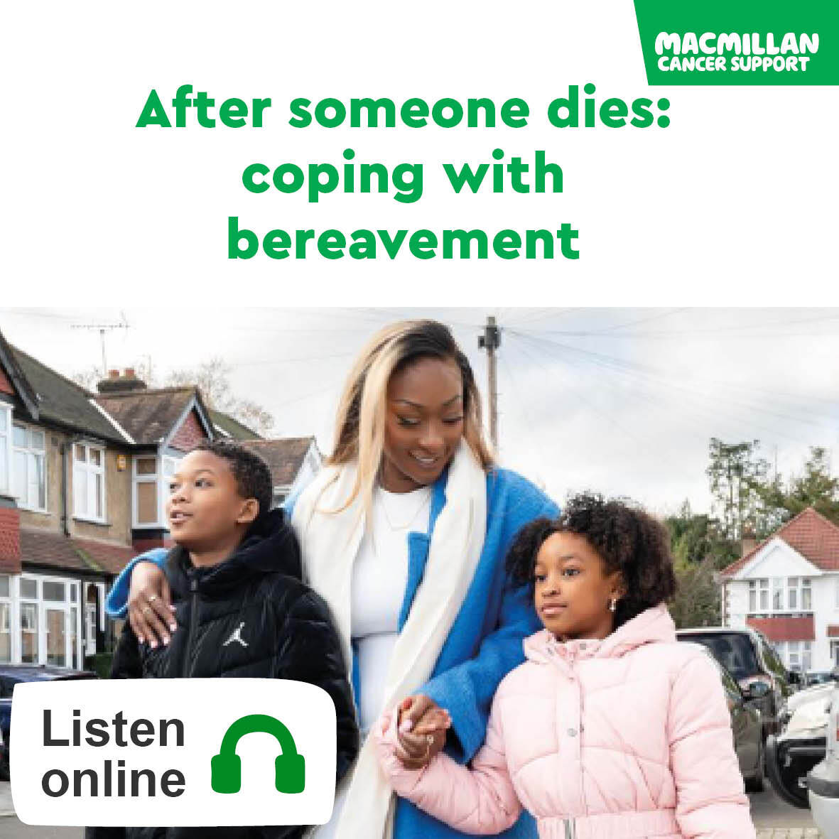 MAC15371_E03_R After someone dies: Coping with bereavement. Woman walking outdoors with her two children