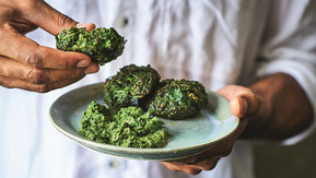A person in a white shirt is holding a pakroa in one hand and a plate of pakoras in the other. The person is only seen from the shoulders down. The pakroas are green and the plate is a light blue. 