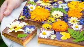 A beautiful millionaire's shortbread. Sticky caramel, smooth chocolate and vibrant edible flowers—orange marigolds, white daisies, purple lavender, and yellow pansies. A slice has been cut to reveal luscious chocolate layers and a biscuit base.