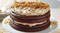 A two layered cake is on top of a white cake stand. The cake is topped with a frosting and chopped peanuts. There is also cream between the cake layers. The cake stand is on top of a wooden table. 