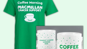 The graphic contains an image of a Macmillan branded t-shirt and a photo of two Macmillan Coffee Morning branded mugs. 