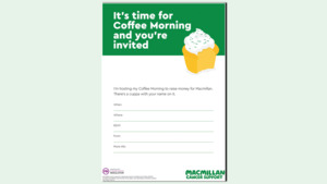 The graphic shows a preview of the Coffee Morning invite poster.