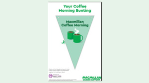 The graphic shows a preview of the DIY Coffee Morning bunting PDF.