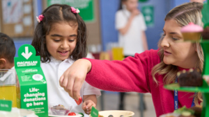 A teacher in a bright pink jumper is placing holding a piece of strawberry over a student's plate.  The plate is on a table decorated for a Coffee Morning. The student is wearing a white top and pink hair ties in their short brown hair. 