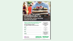 The graphic shows a preview of the Coffee Morning poster in Welsh.