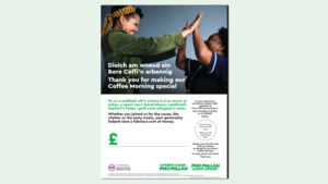 The graphics shows a preview of the Coffee Morning Thank You poster in Welsh. 