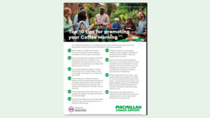 The graphic shows a preview of the Top tips for promoting your Coffee Morning poster. 
