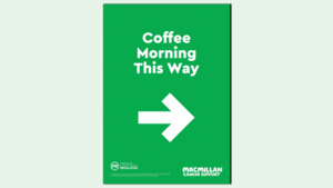 The graphic shows a preview of the Coffee Morning this way sign PDF. 