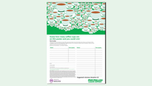 The graphic shows a preview of the Coffee Morning guess the coffee cups poster.