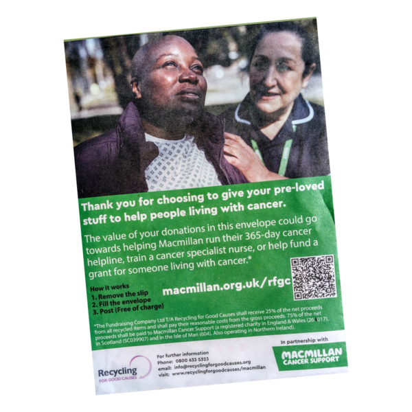 Macmillan recycling for good causes envelope