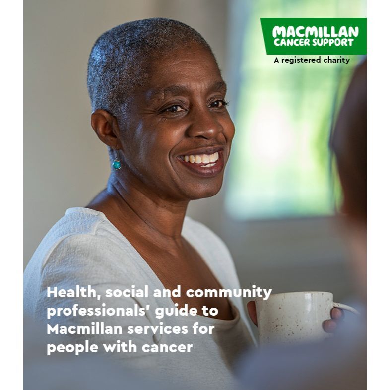 A booklet cover with a woman smiling at someone just out of picture and the Macmillan logo. Text says Health, social and community professionals' guide to Macmillan services for people with cancer