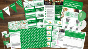 The graphic shows the different documents and fundraising items that come in the Coffee Morning full fundraising kit. 