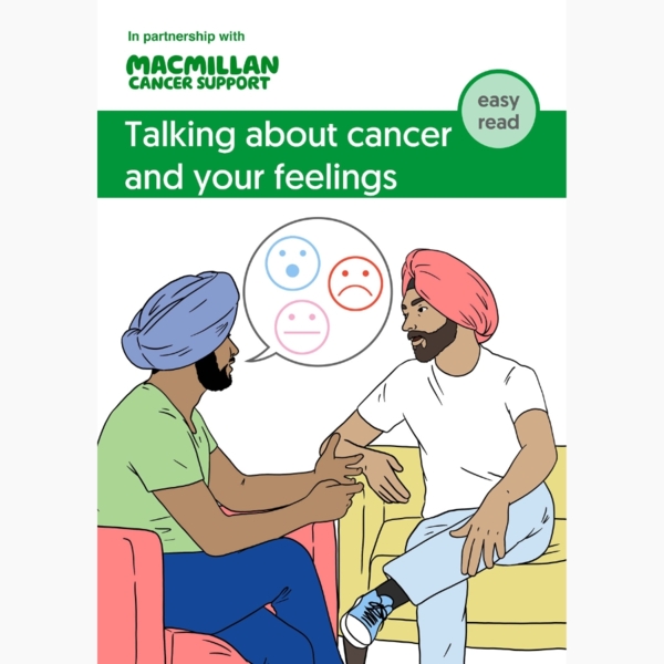 A drawing of 2 people talking to each other. There's a speech bubble with happy, sad and neutral faces.