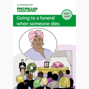 Cover of booklet about going to a funeral when someone dies. Illustration of woman's face in a speech bubble. There are people attending a funeral facing a coffin.