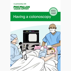 Cover of booklet about having a colonoscopy. Illustration of two healthcare professionals standing around patient who is lying on a bed.