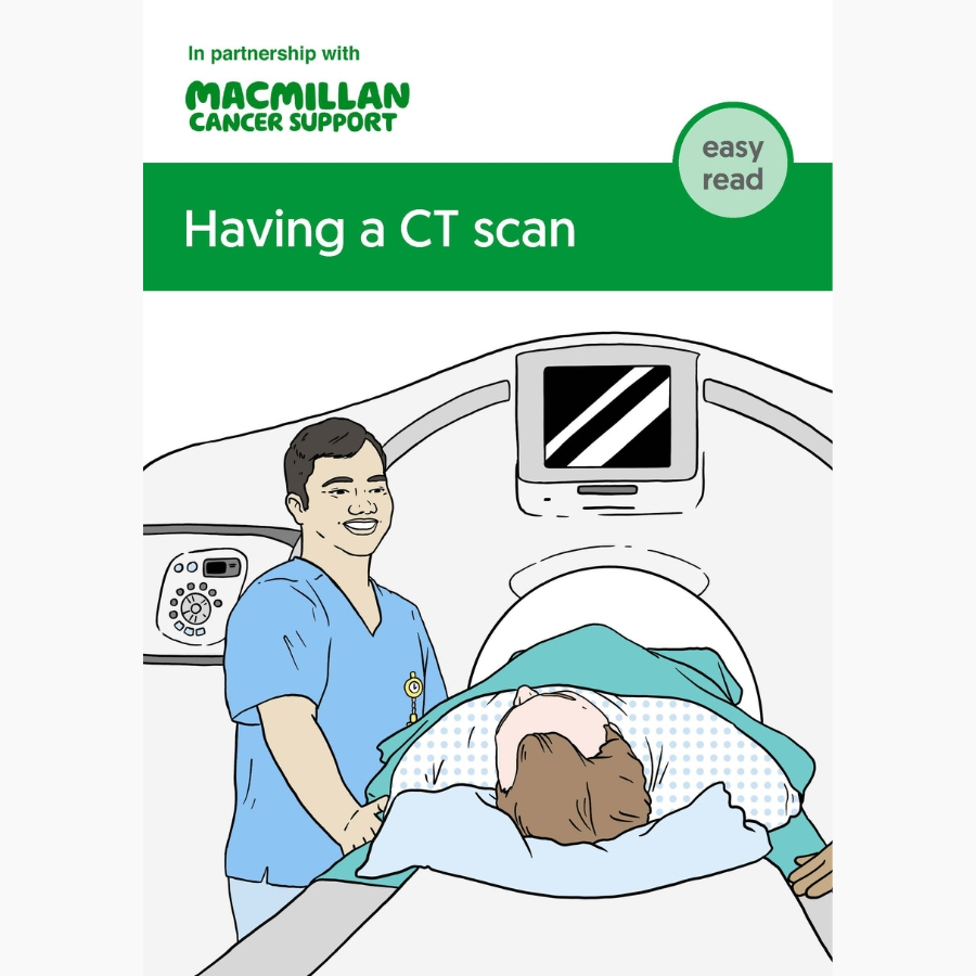Cover of booklet about having a CT scan. Illustration of patient about to have a CT scan, next to them is a healthcare professional smiling.