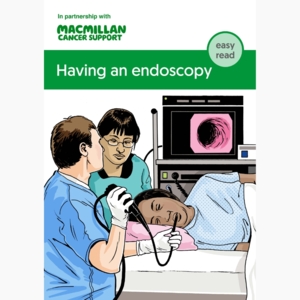 Cover of booklet about having an endoscopy. Illustration of a patient having an endoscopy by two healthcare professionals.