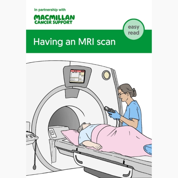 Easy read booklet cover with an illustration of someone having an MRI scan
