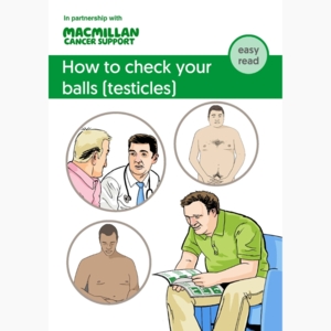 The cover for the how to check your balls (testicles) easy read booklet. The cover includes different illustrations. 