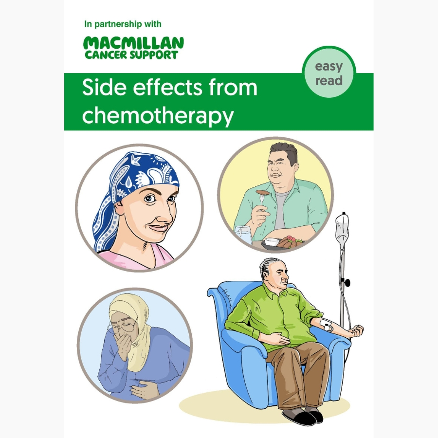 The cover of the side effects from chemotherapy easy read. The illustrations includes different people. One person is sitting on an armchair and they have an IV drip attached to their arm. One person is wearing a head scarf. One person looks unhappy and is holding up a fork with food on it. Lastly one person wearing a hijab appears to be sick.