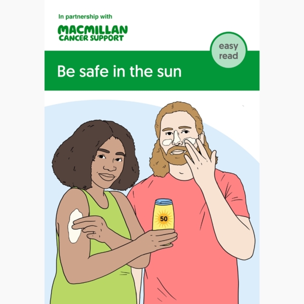 Cover of a booklet about being safe in the sun. A person is putting sun cream on their face.