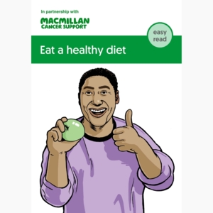 Illustration of man in purple jumper, he is holding a green apple and giving a thumbs up with his other hand.