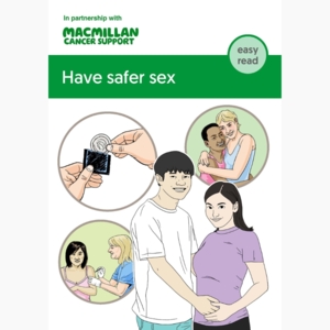 Cover of booklet about safer sex. Collection of illustrations of people holding hands and hugging 