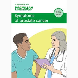 Two people are talking. One is a doctor and the other a patient. The doctor has short hair and is holding a purple notebook in their hand. The patient is wearing a blue top.