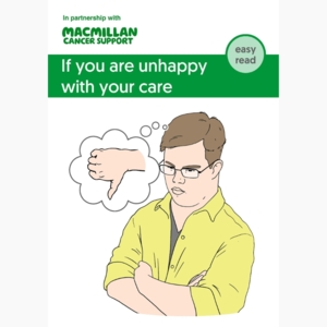 The cover of the if you are unhappy with your care easy read. It includes an illustration of a person in a yellow top with their arms crossed across their chest. There is a thought bubble next to their head. In the thought bubble is a hand in a thumb down position.