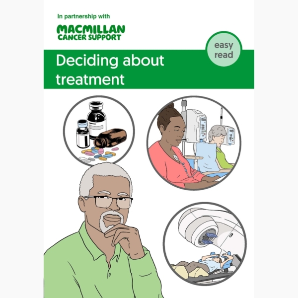 The cover of booklet about deciding about treatment. A man is thinking about his treatment options like drugs, chemotherapy and radiotherapy.