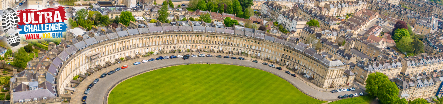An aerial view of the city of Bath. It shows the famous Royal Crescent. 