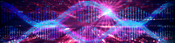 A double helix structure illustrated with glowing blue and pink particles