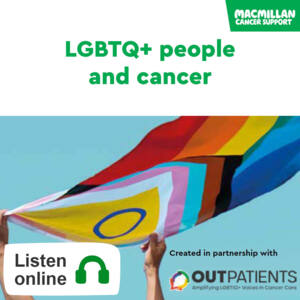 LGBTQ+ Pride flag held by hands against a blue sky