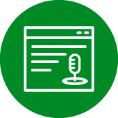 Green circular icon with a white illustration of a microphone 