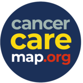 A logo with the words 'cancer care map.org' in blue, yellow, white and red.