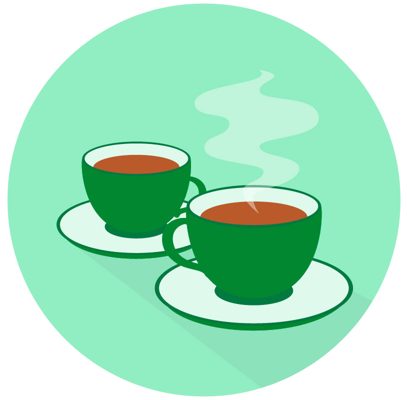 Two dark green teacups on a light green background.